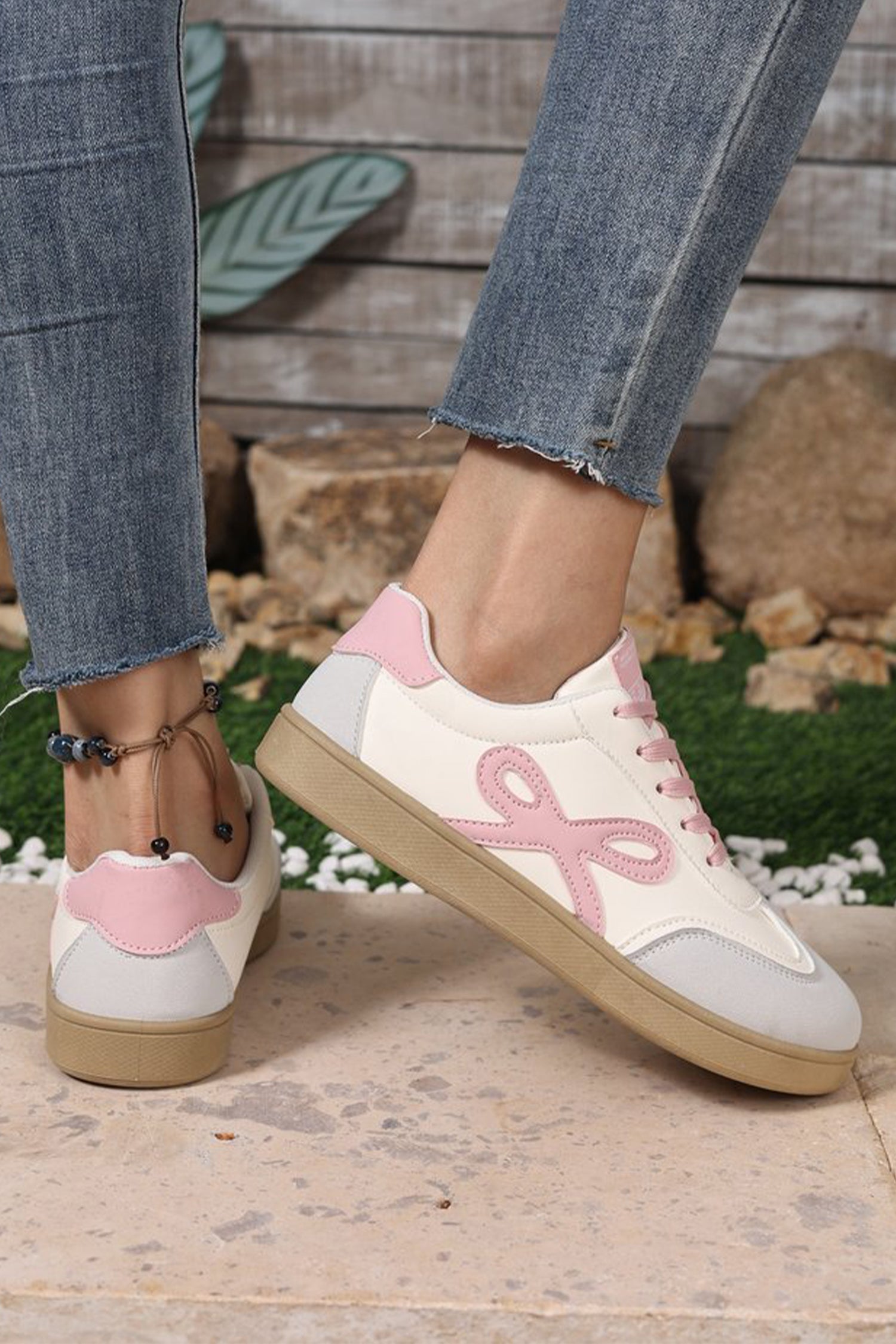 Pink Bow Cute Bow Patch Colorblock PU Leather Sneakers