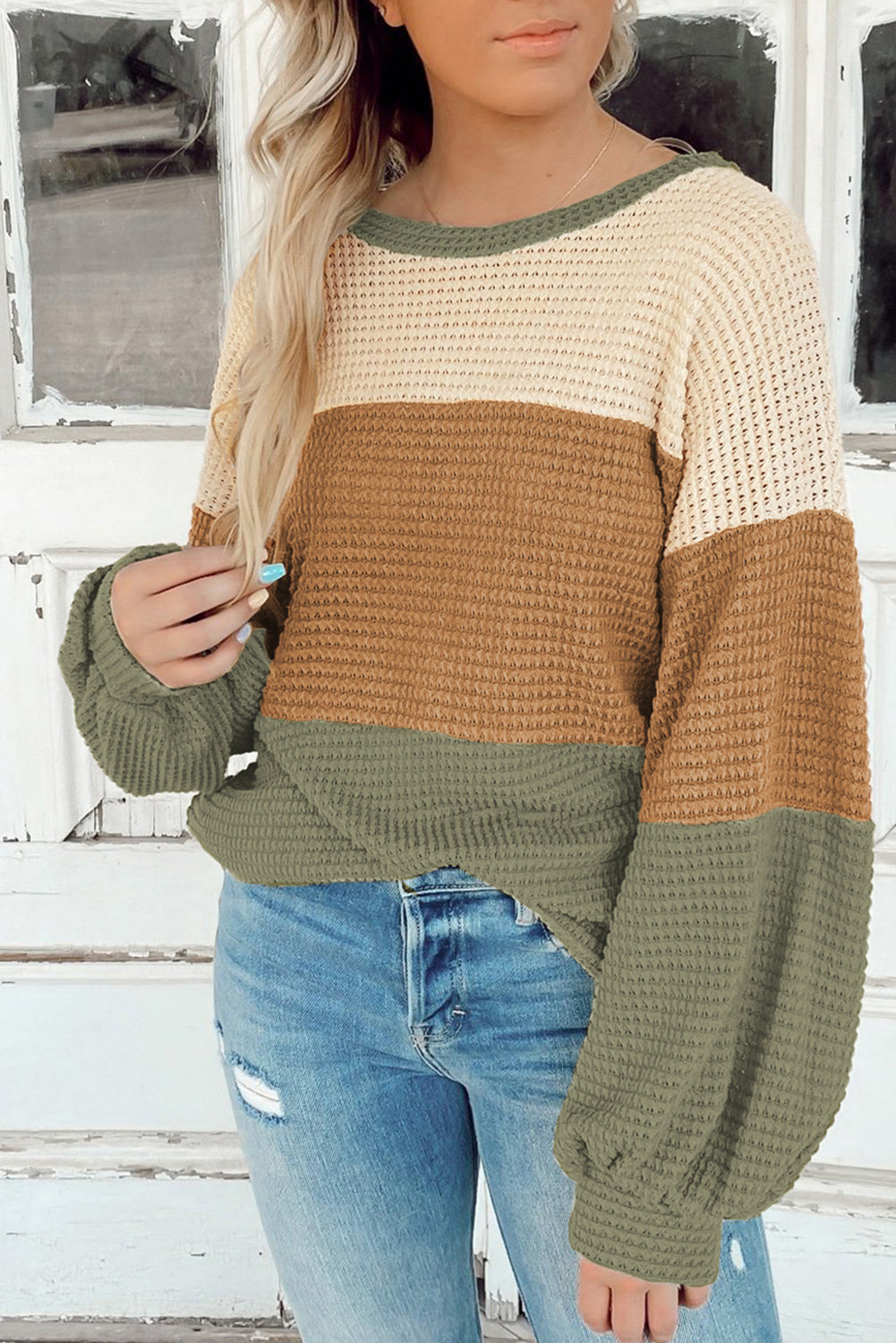 Women's Top Featuring Textured Bubble Sleeve Baggy