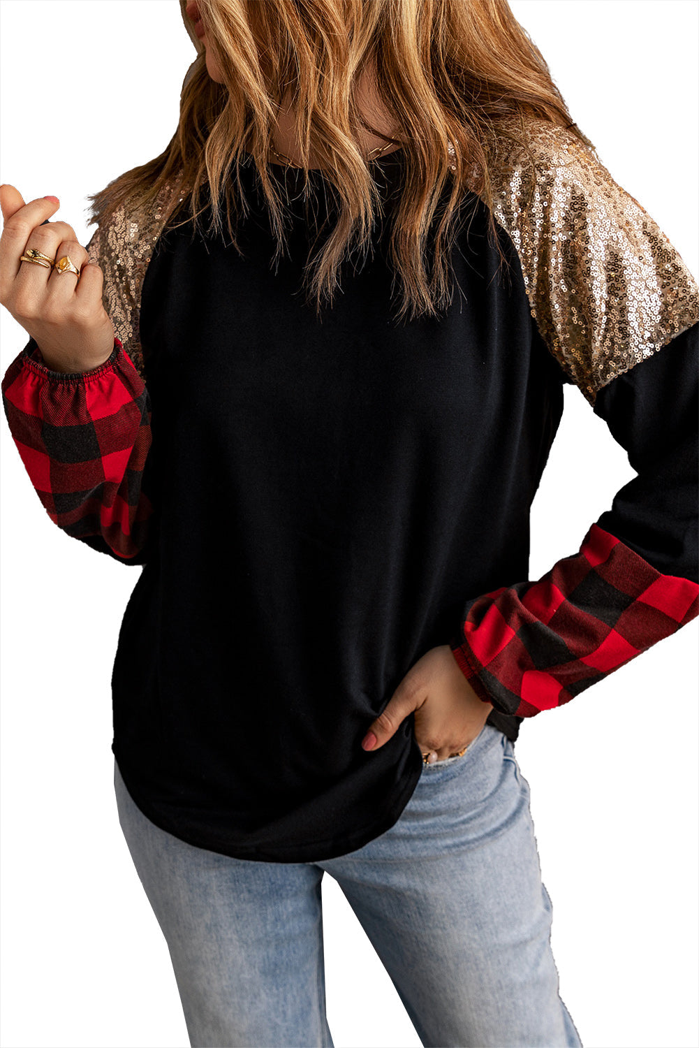 Women's Blouse with Crew Neck Plaid Splicing