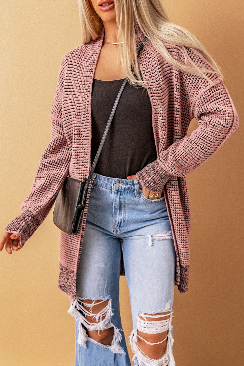 Women's Cardigan Featuring Plaid Knitted Long Open Front Pink