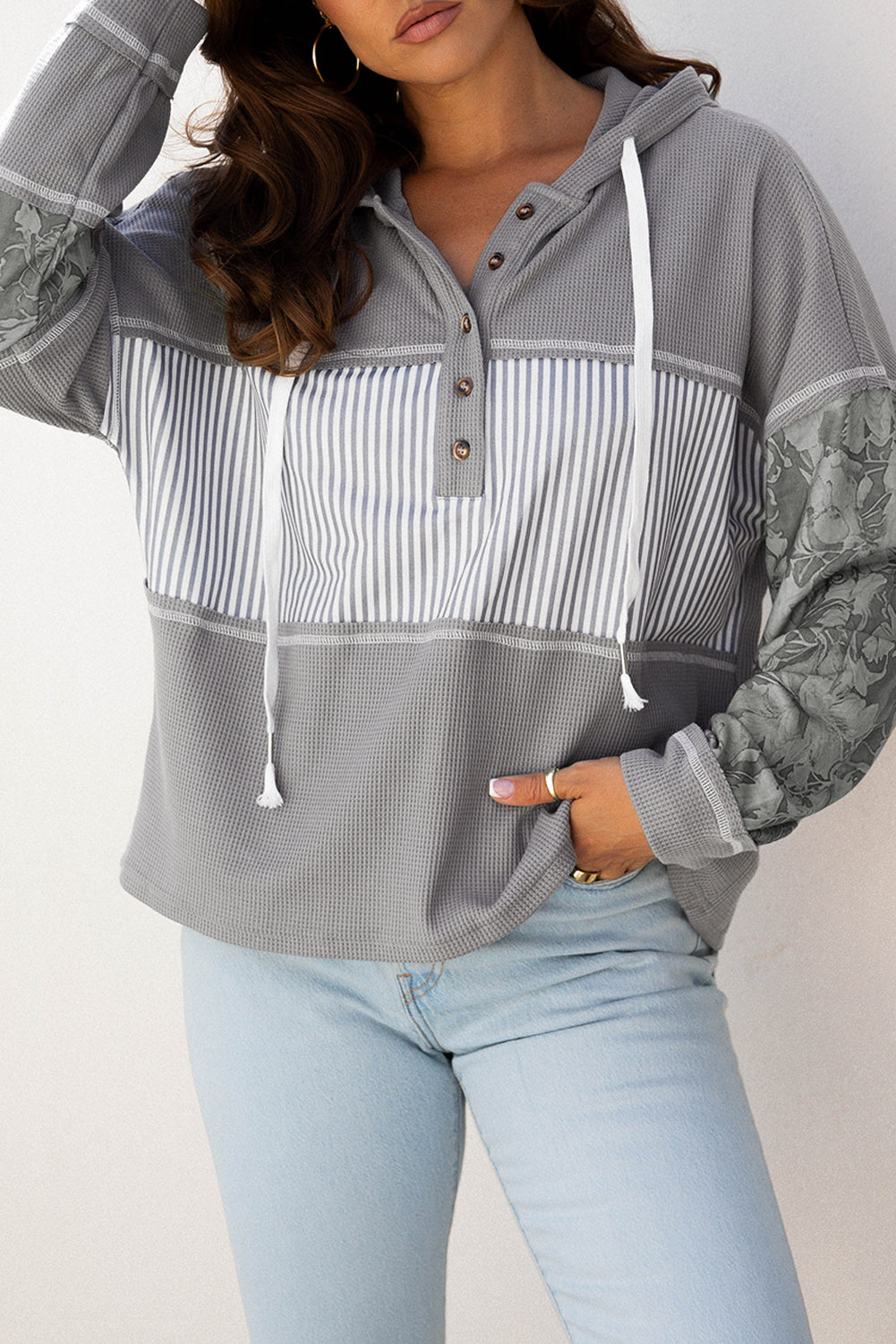 Waffle Printed Patchwork Drawcord Hooded Long-Sleeved Top