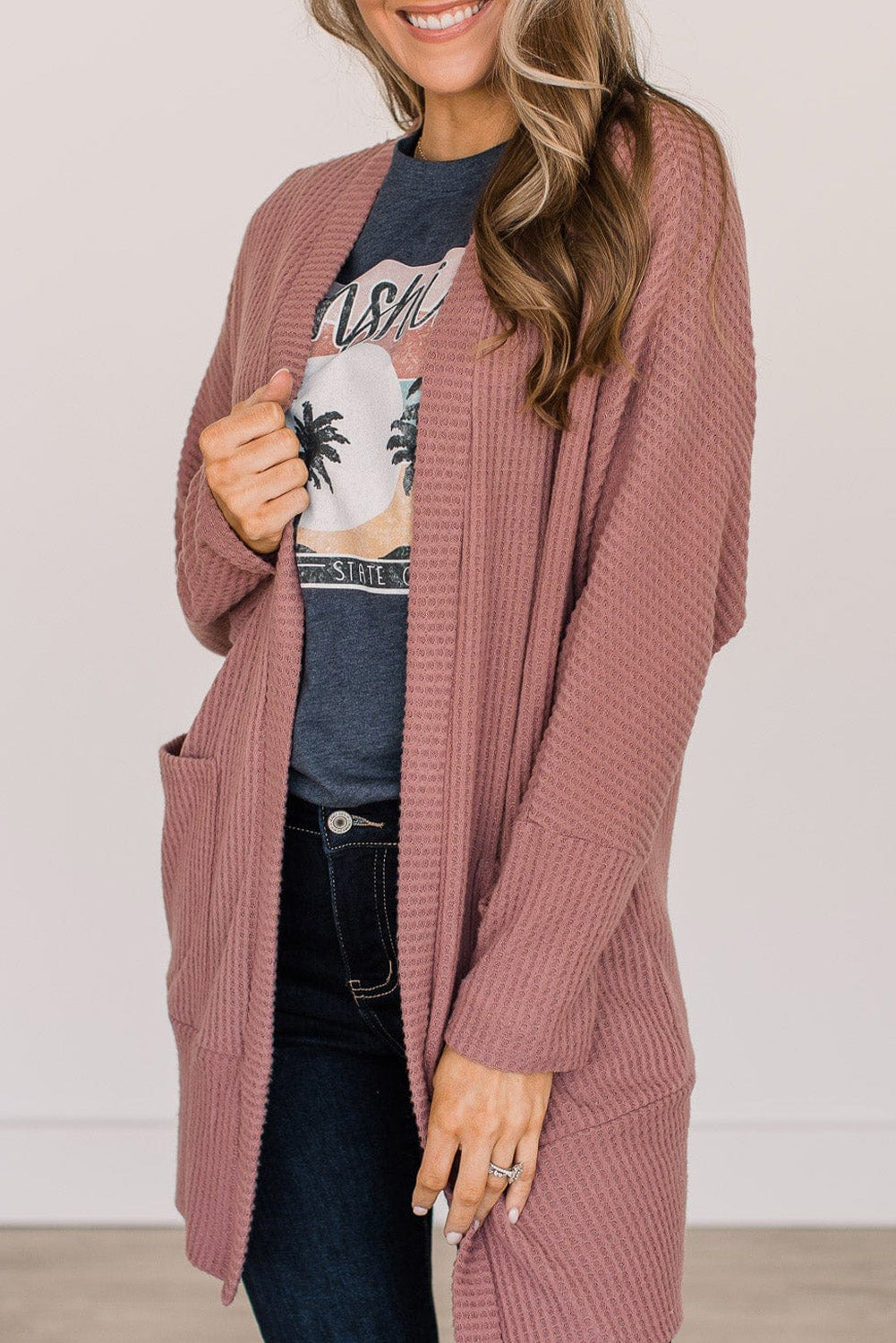 Solid Cardigan Waffle Knit in Mineral Red