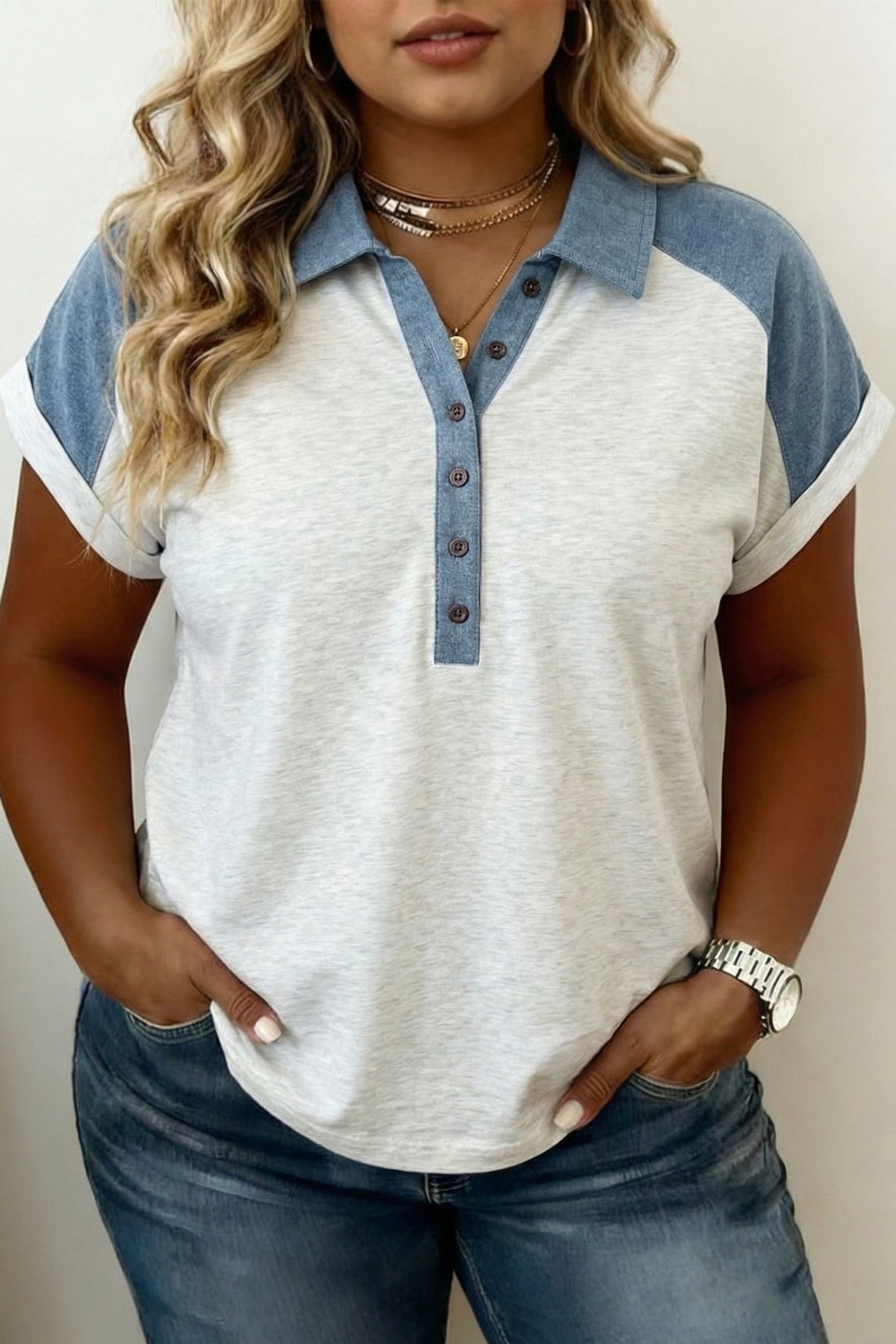 Plus Denim Size Contrast Patchwork Cuffed Sleeve Polo Tee in Beige