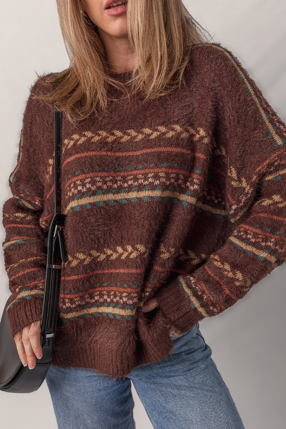 Ethnic Knit Pattern Mohair Drop-Shoulder Knit Top