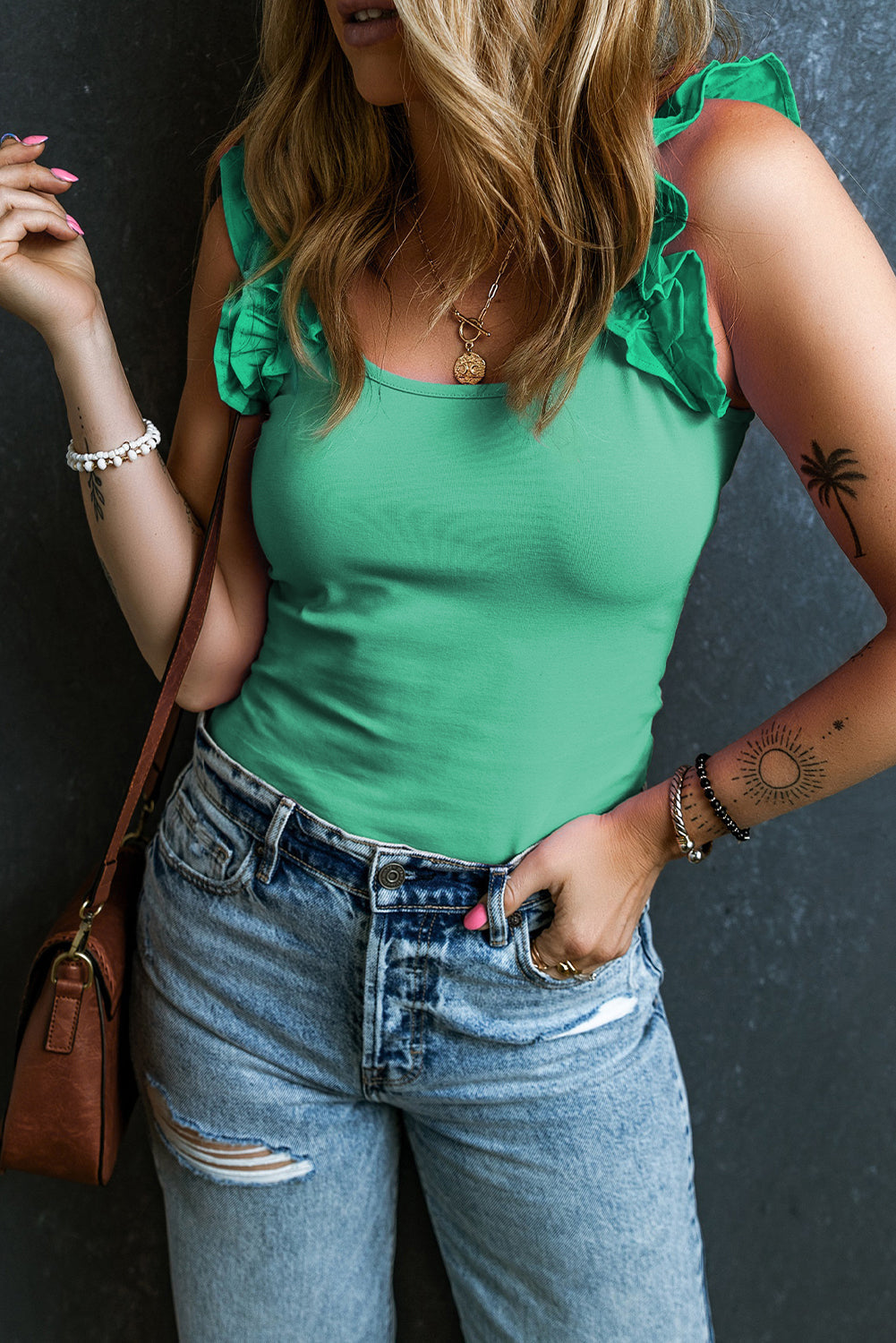 Women's Tank Top with Slim Ruffle-Trimmed Wide Straps Everyday Style
