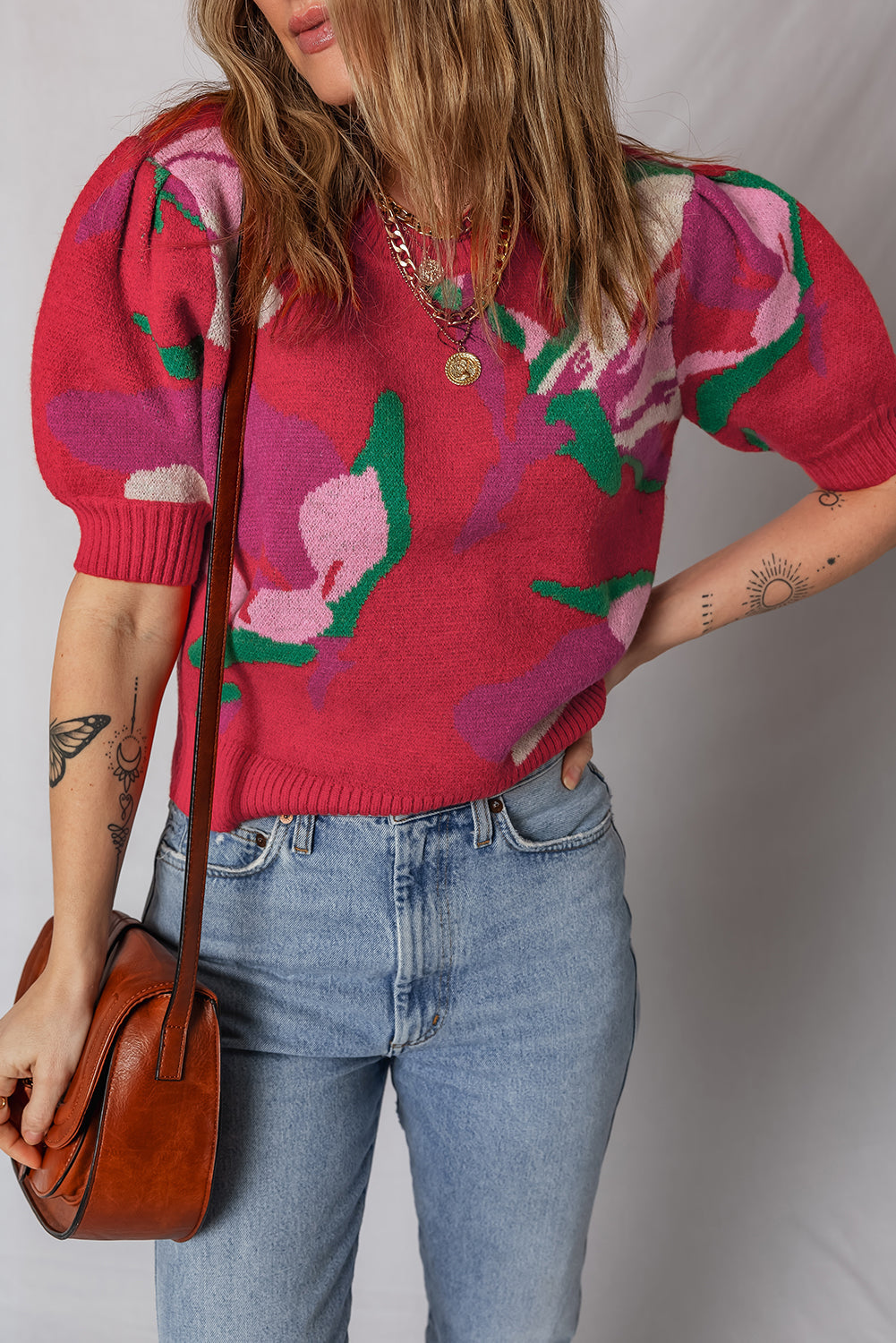 Abstract Print Floral Print Short Puff Sleeve Knit Top