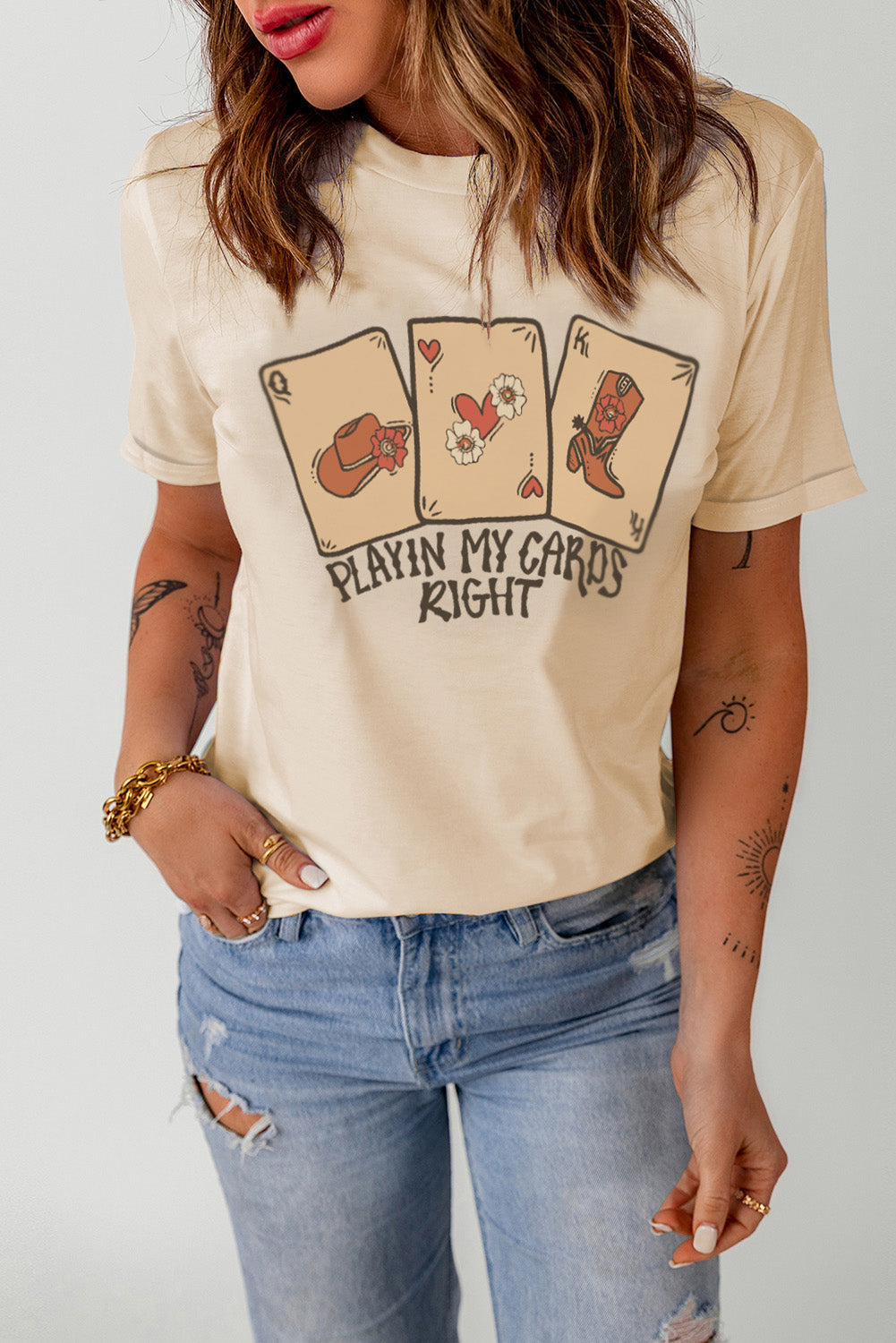 Women's Western PLAYING MY CARDS RIGHT Graphic-Print T Shirt