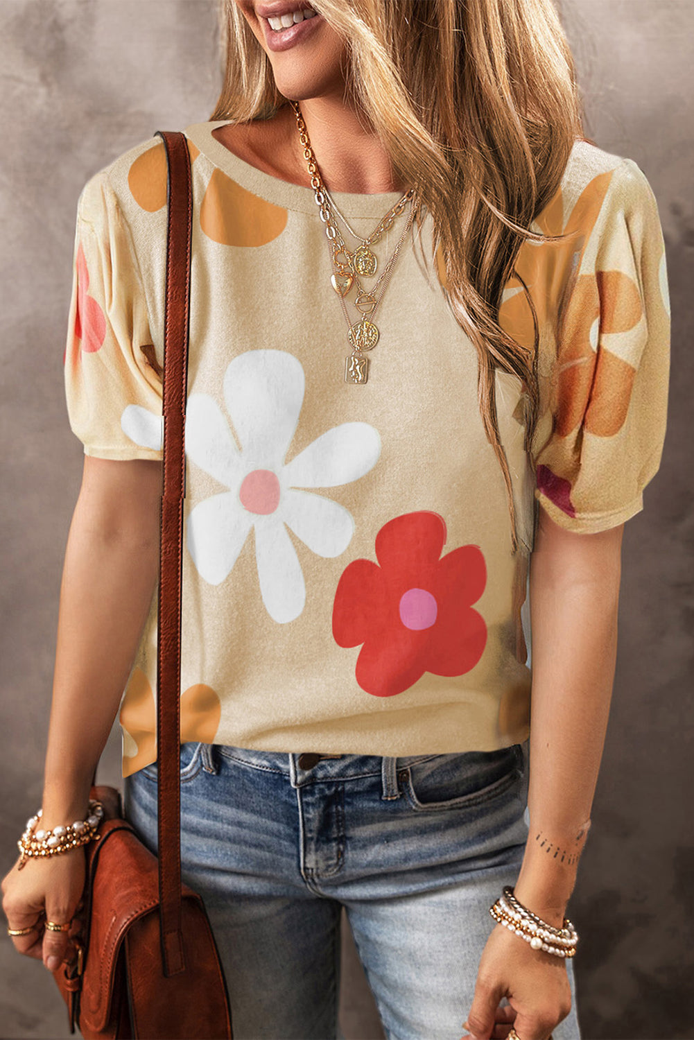 Tee for Women Bubble Sleeve Floral-Print