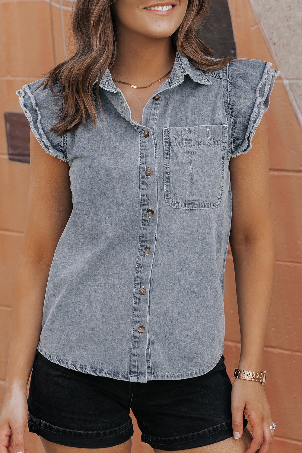 Women's Shirt Featuring Denim Frayed Ruffle-Trimmed Sleeve