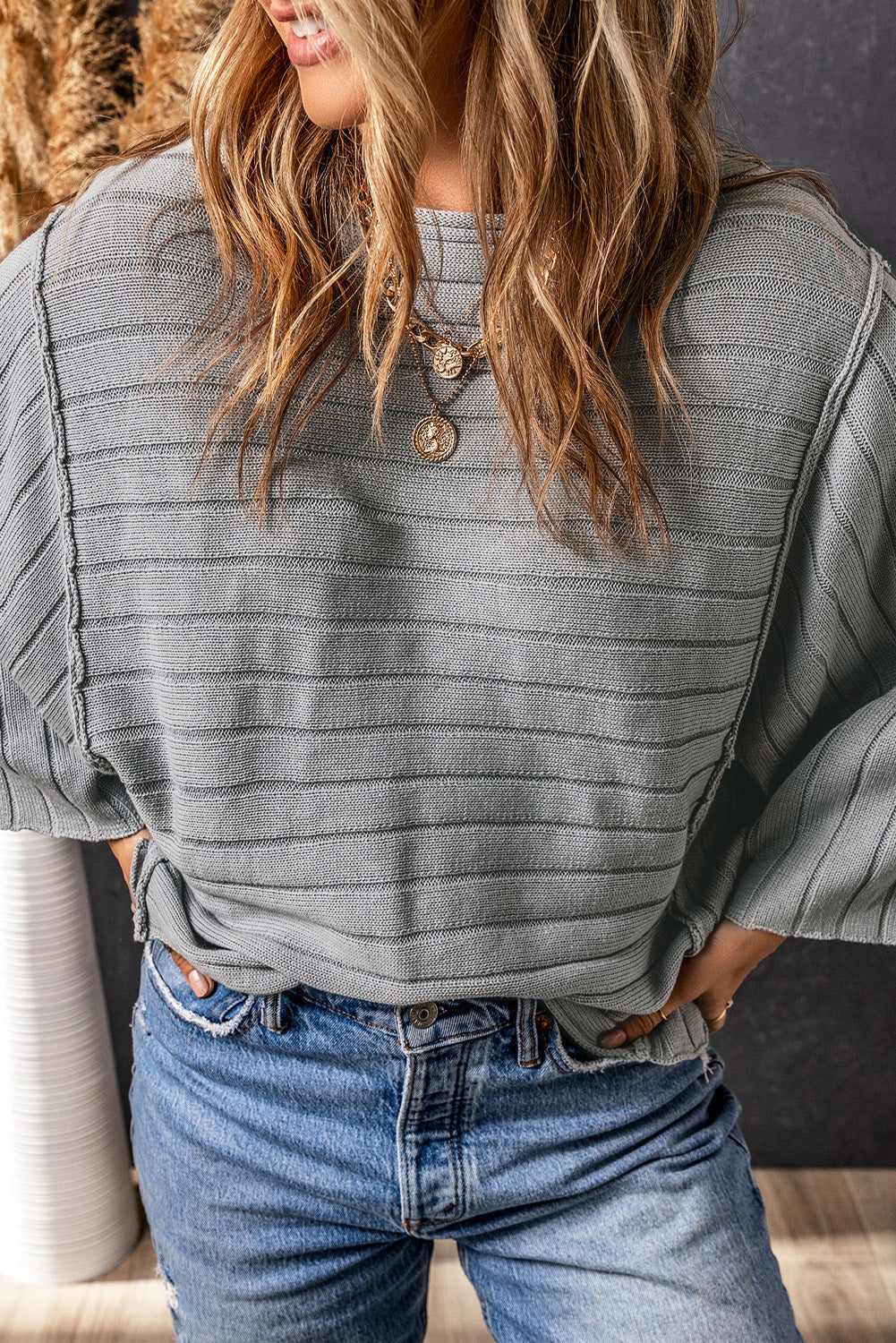 Women's Top Featuring Knitted Dolman Exposed Seam Rib-Knitted