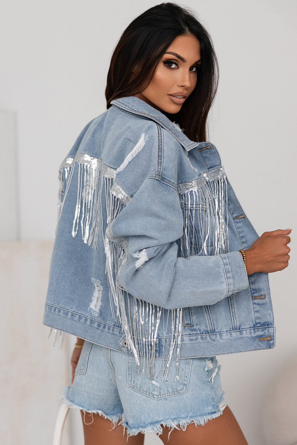 Women's Denim Jacket Featuring Fringe Distressed Sequin Embellished