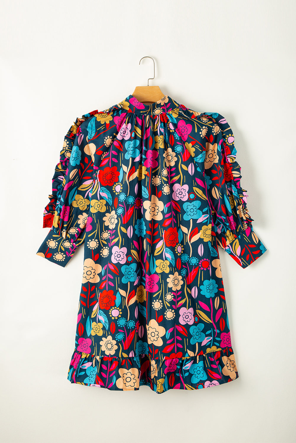 Women's Balloon Sleeve Ruffle-Trimmed Mini Floral-Print Print Dresses
