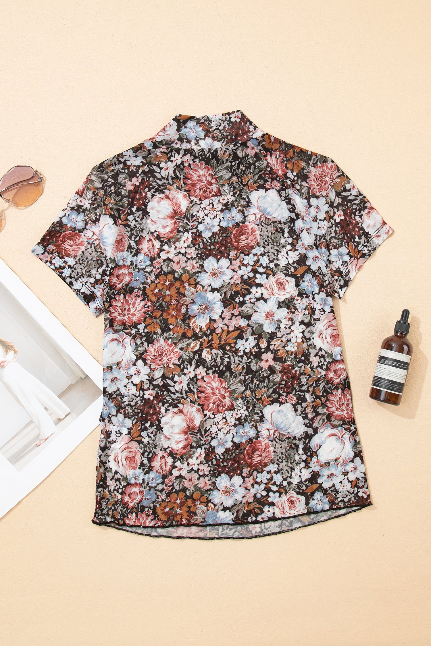Neck Floral-Print High Short-Sleeved Mesh Top