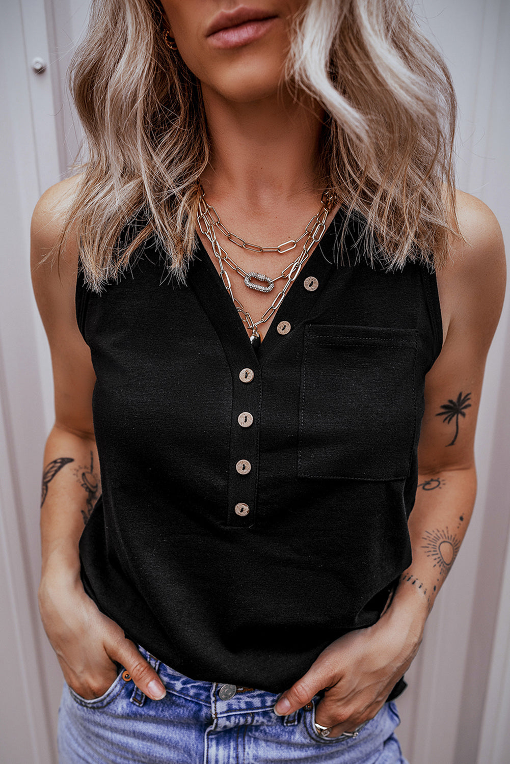 Women's Tank Top Featuring Patched Pocket Half Button