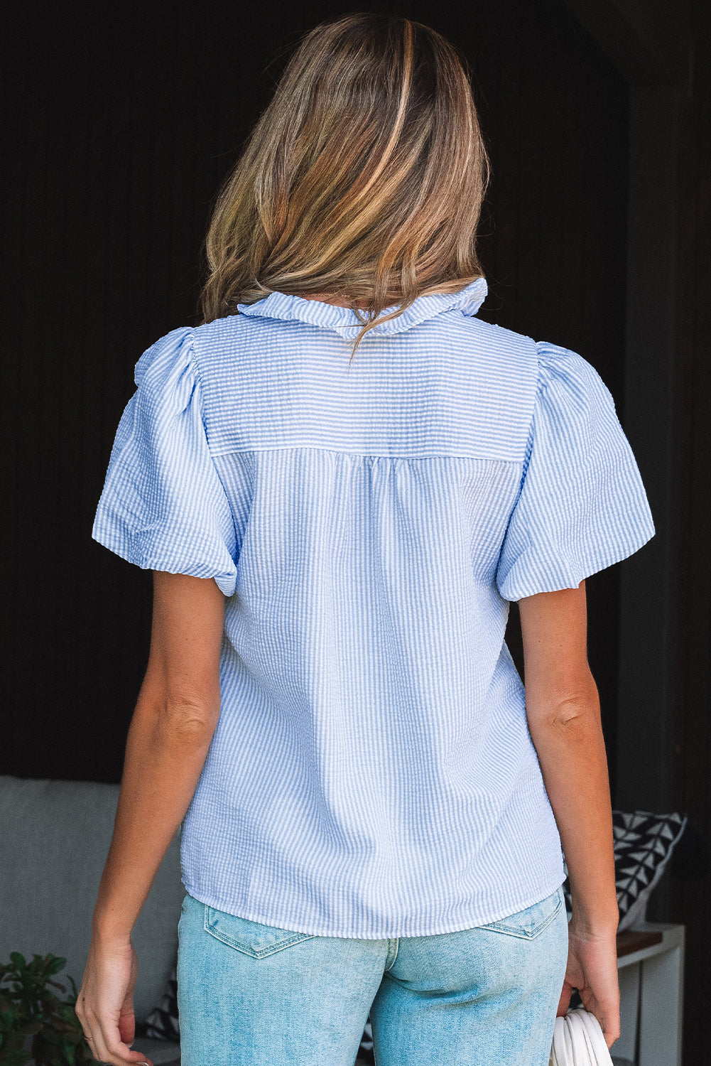 Striped Bubble Ruffle Short Sleeve Shirt