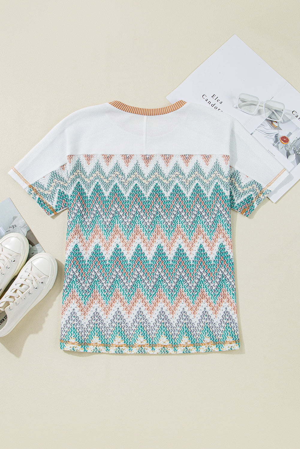White Chevron Patchwork Raglan Sleeve Knitted T Shirt