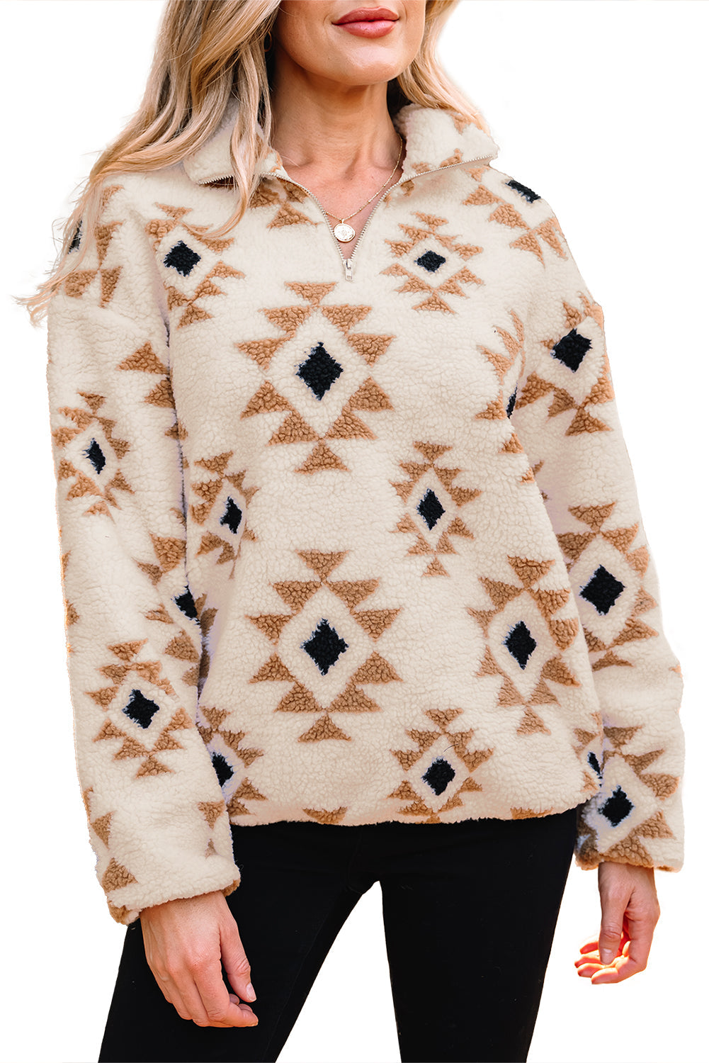 Aztec Print Sherpa Quarter Zip Collar Sweatshirt