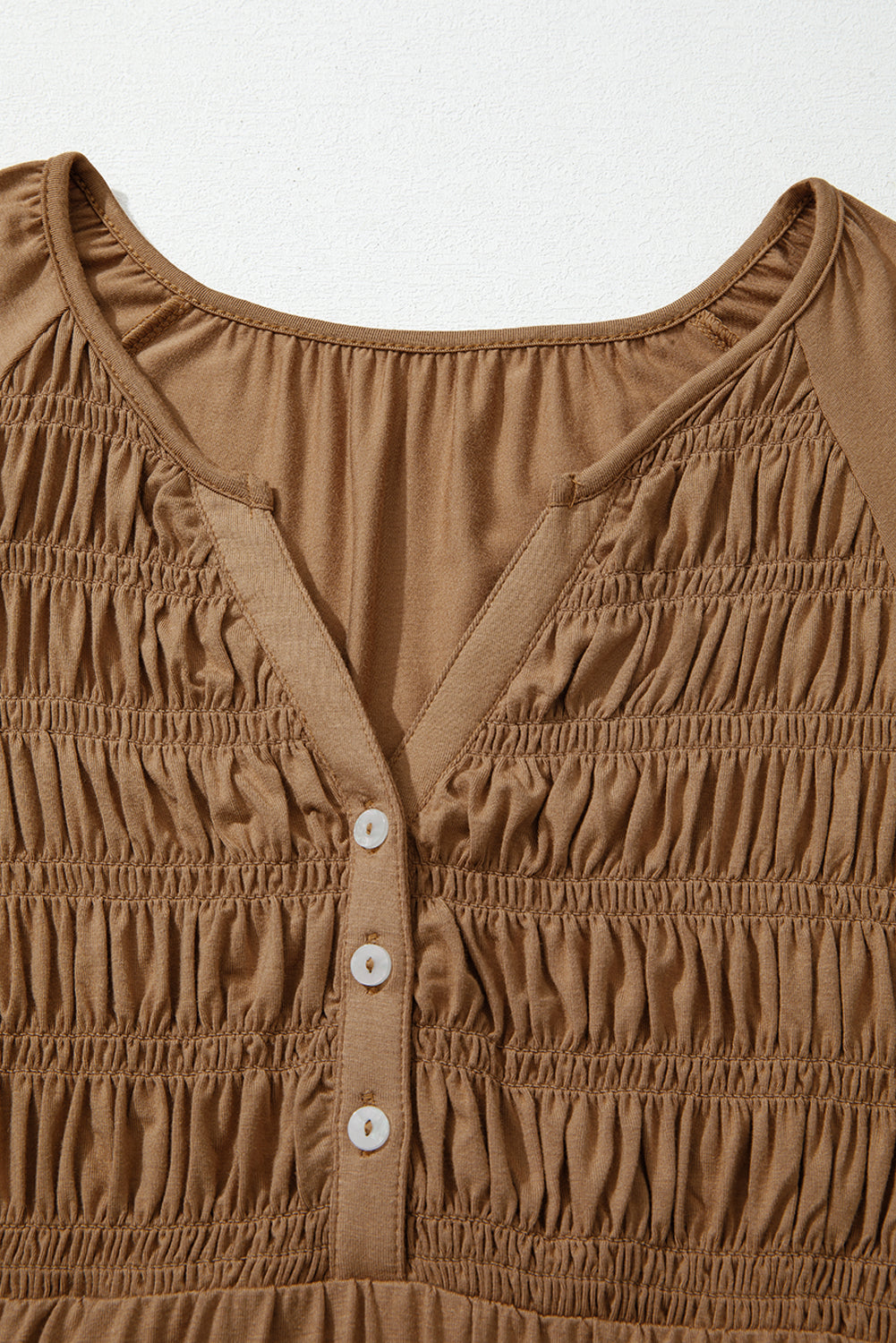 Button-Front Smocked Bust Split V-Neck Flow Fit Blouse