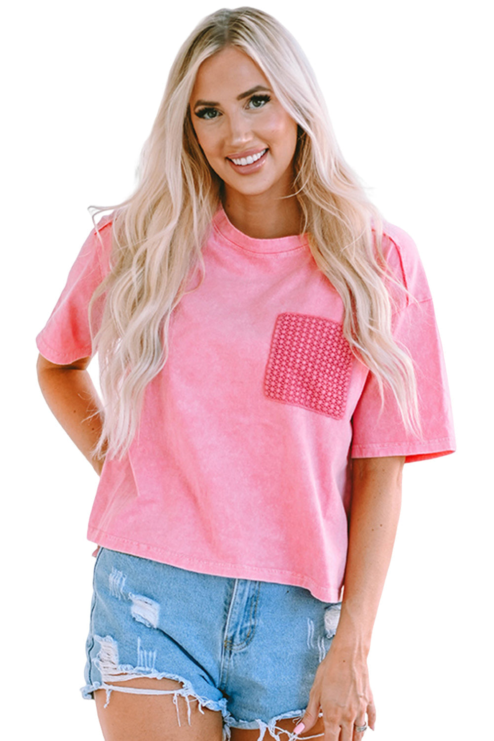 Women's T-shirt Featuring Lace-Trimmed Patch Pocket Acid Wash