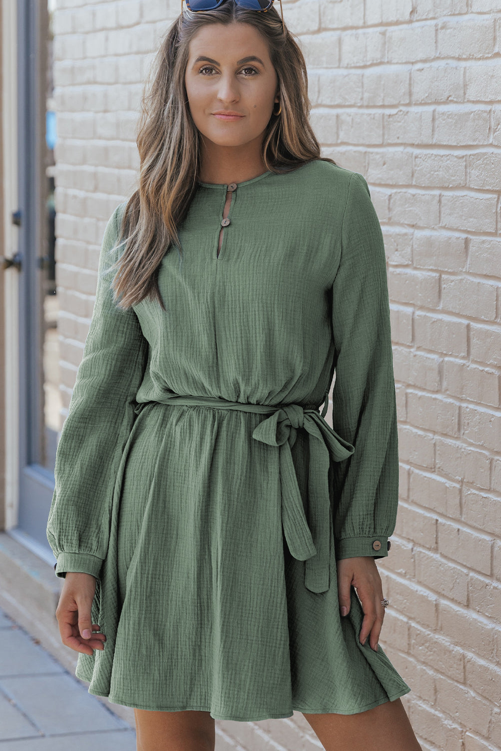 Women's Mini Dress with Button Neck Belted Pleat-Detail