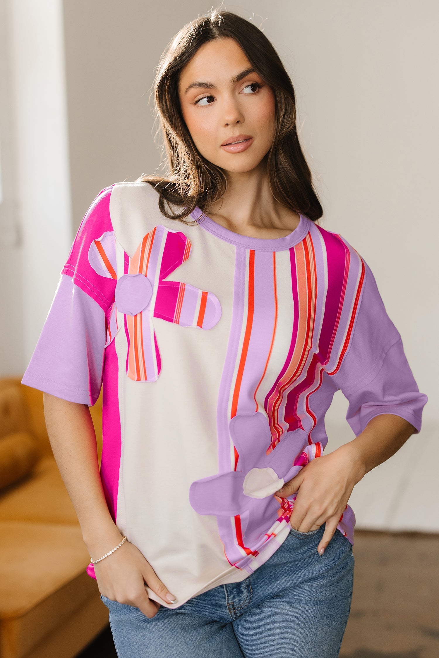 Striped Colorblock Flower Patched Half Sleeve Loose Top