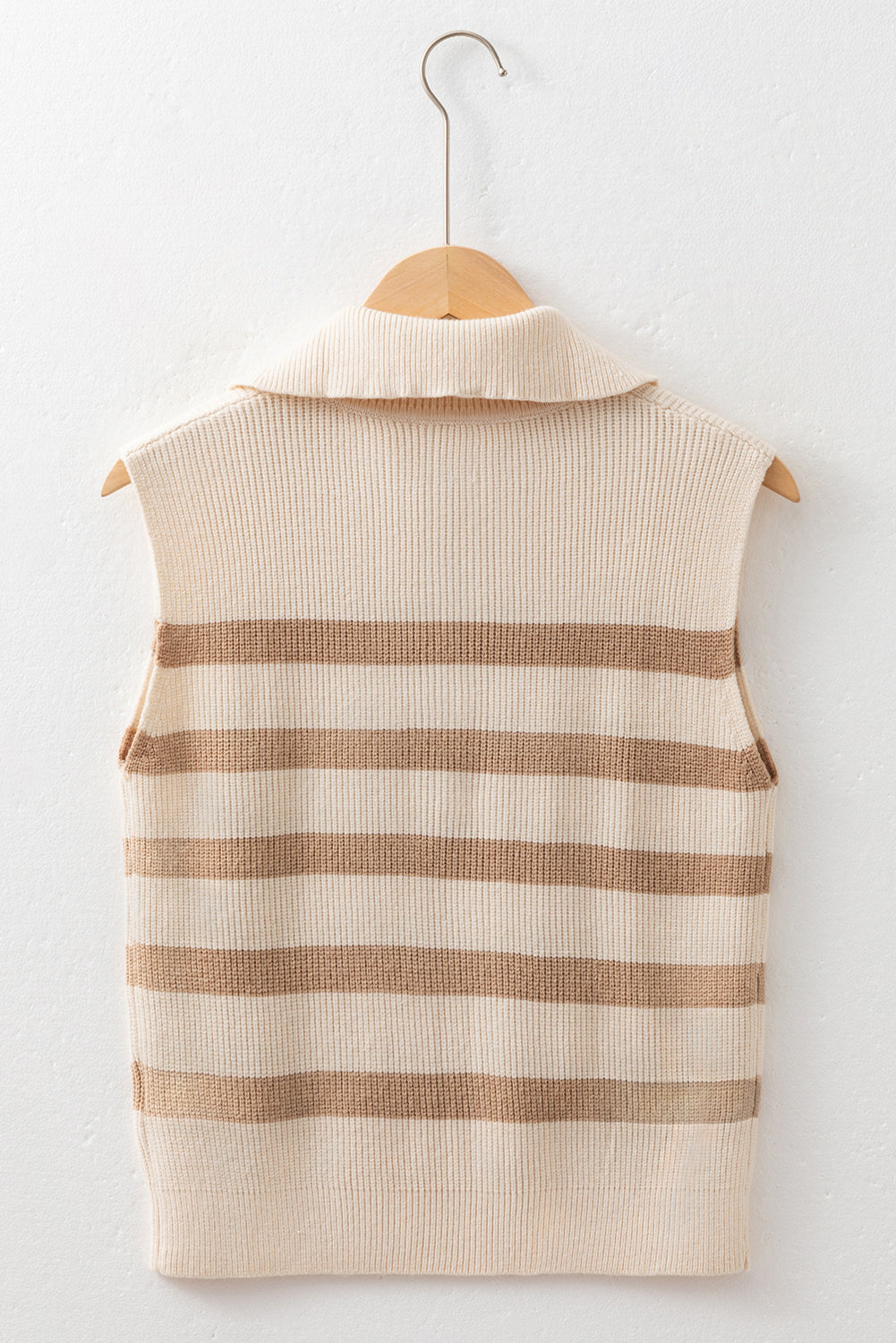 Stripe Zip Rib-Knit Half Collared Knit Top Vest in Khaki