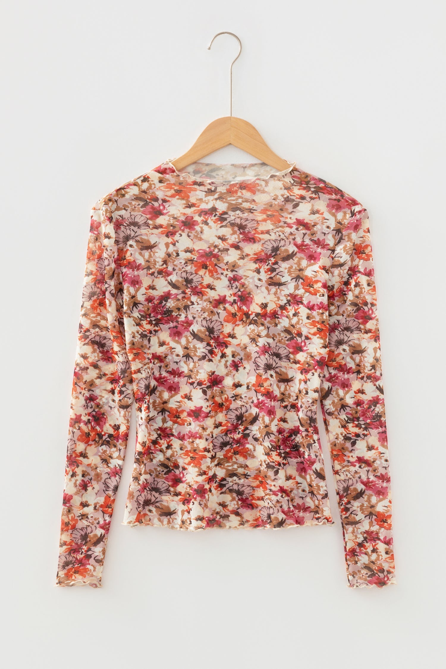 Mesh Long-Sleeved Floral-Print Long-Sleeved Top in Red