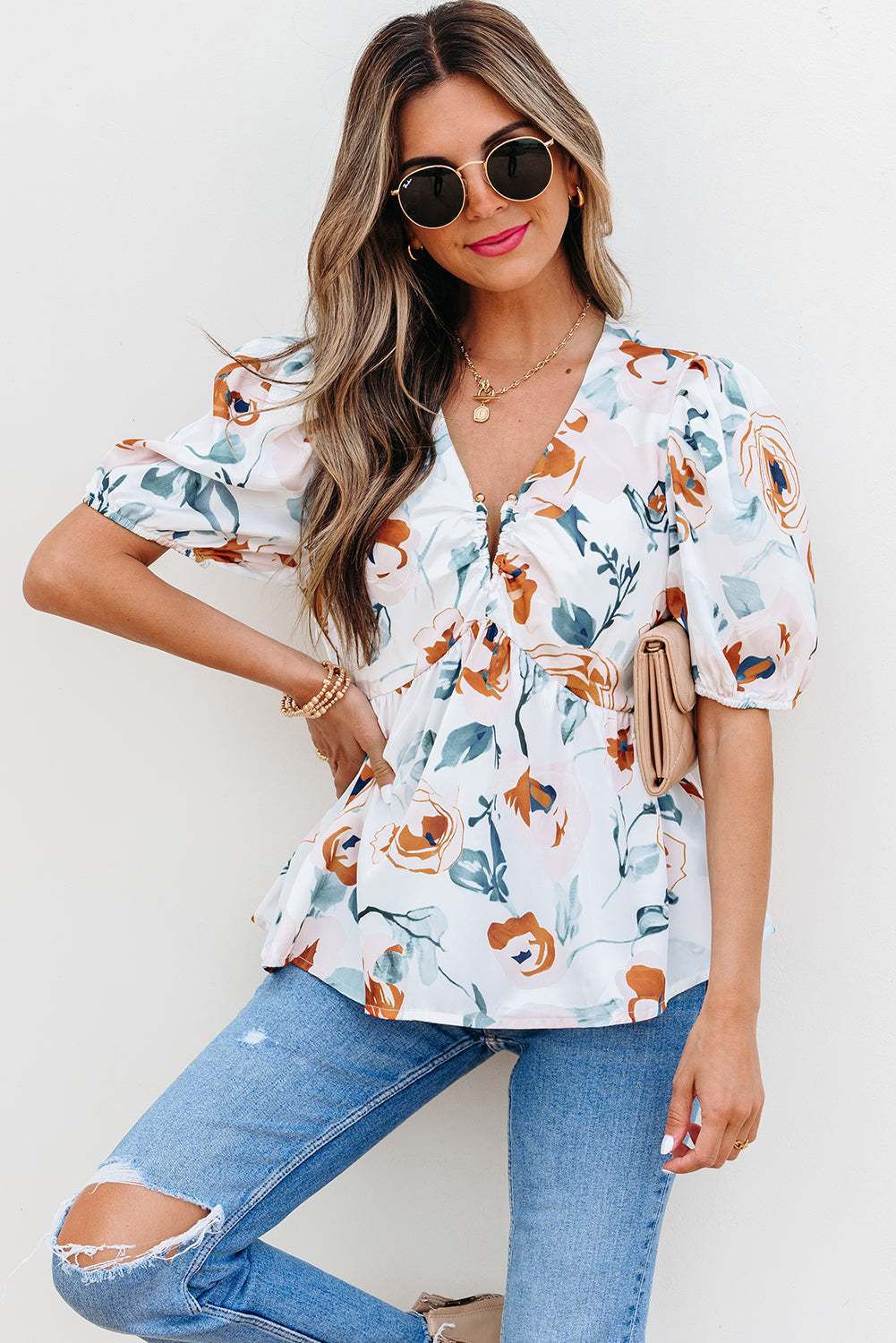 Floral-Print Puff Sleeve V-Neck Babydoll Blouse