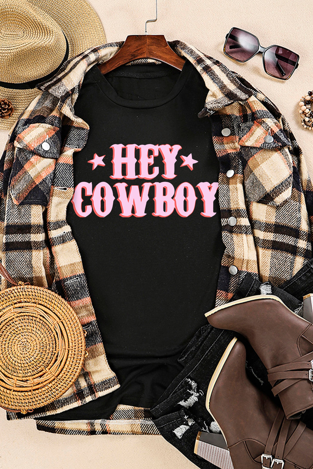 Women's T-shirt Featuring HEY COWBOY Graphic-Print Crew Neck