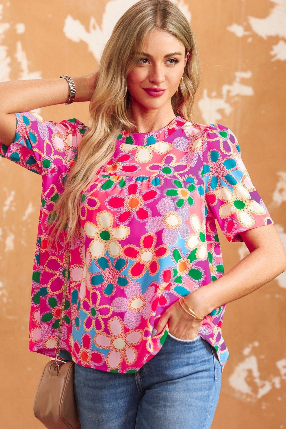 Women's Top Featuring Bohemian Flower Puff Short-Sleeve