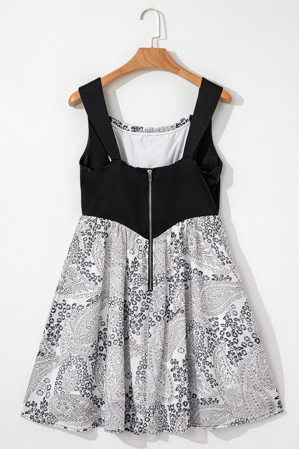 Black Sleeveless Leather Bustier Patchwork Paisley Floral Chiffon Dress