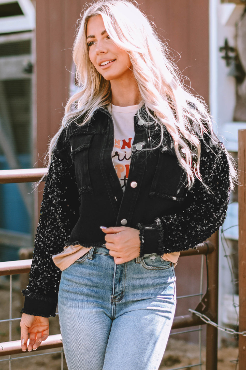 Women's Sequin Raw-Edge Denim Jacket