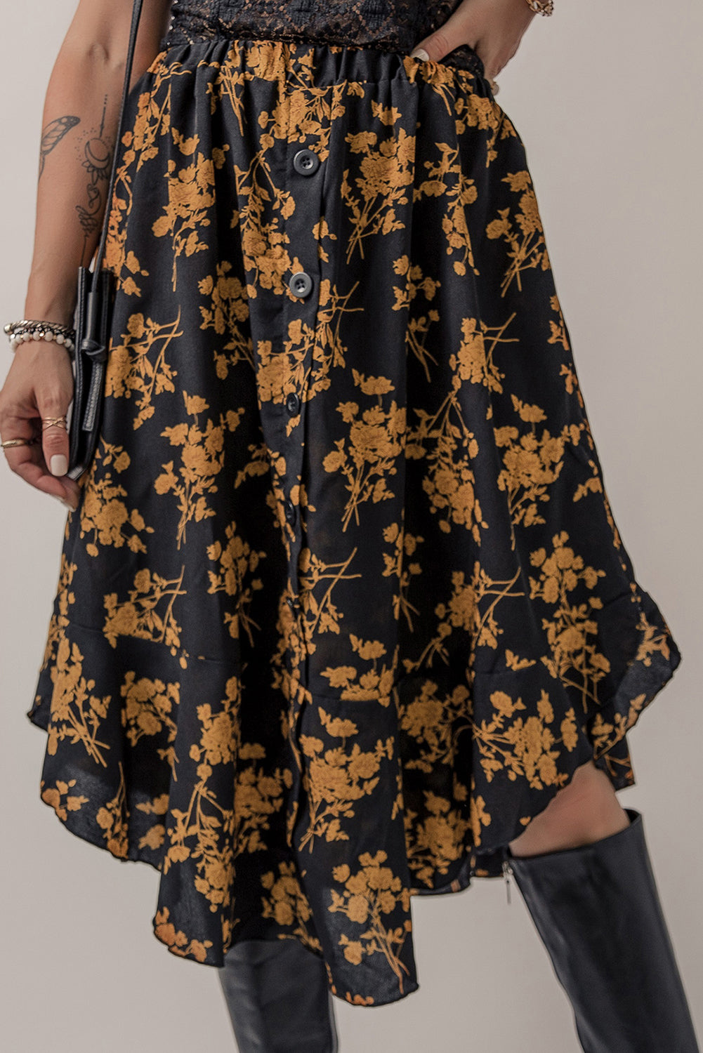 Women's Skirt Featuring Elastic Waist Floral-Print Ruffle-Trimmed