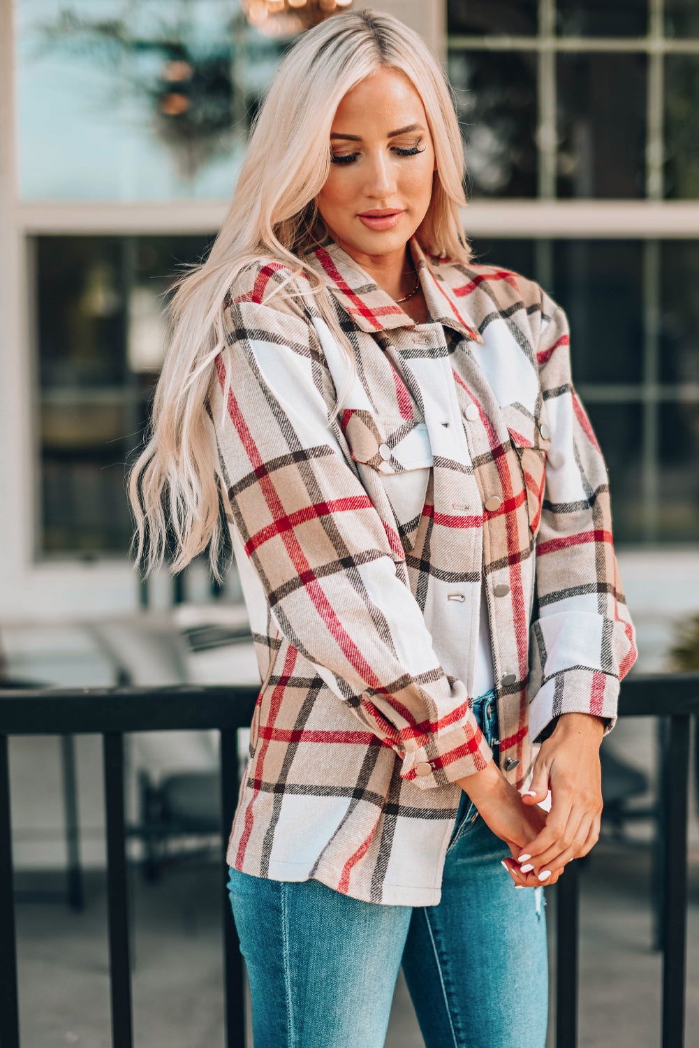 Women's Coat with Button-Front Shirt Plaid Print