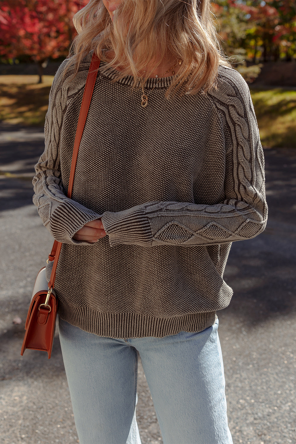 Contrast Cable Knit Sleeve Everyday Knit Top in Dark Brown