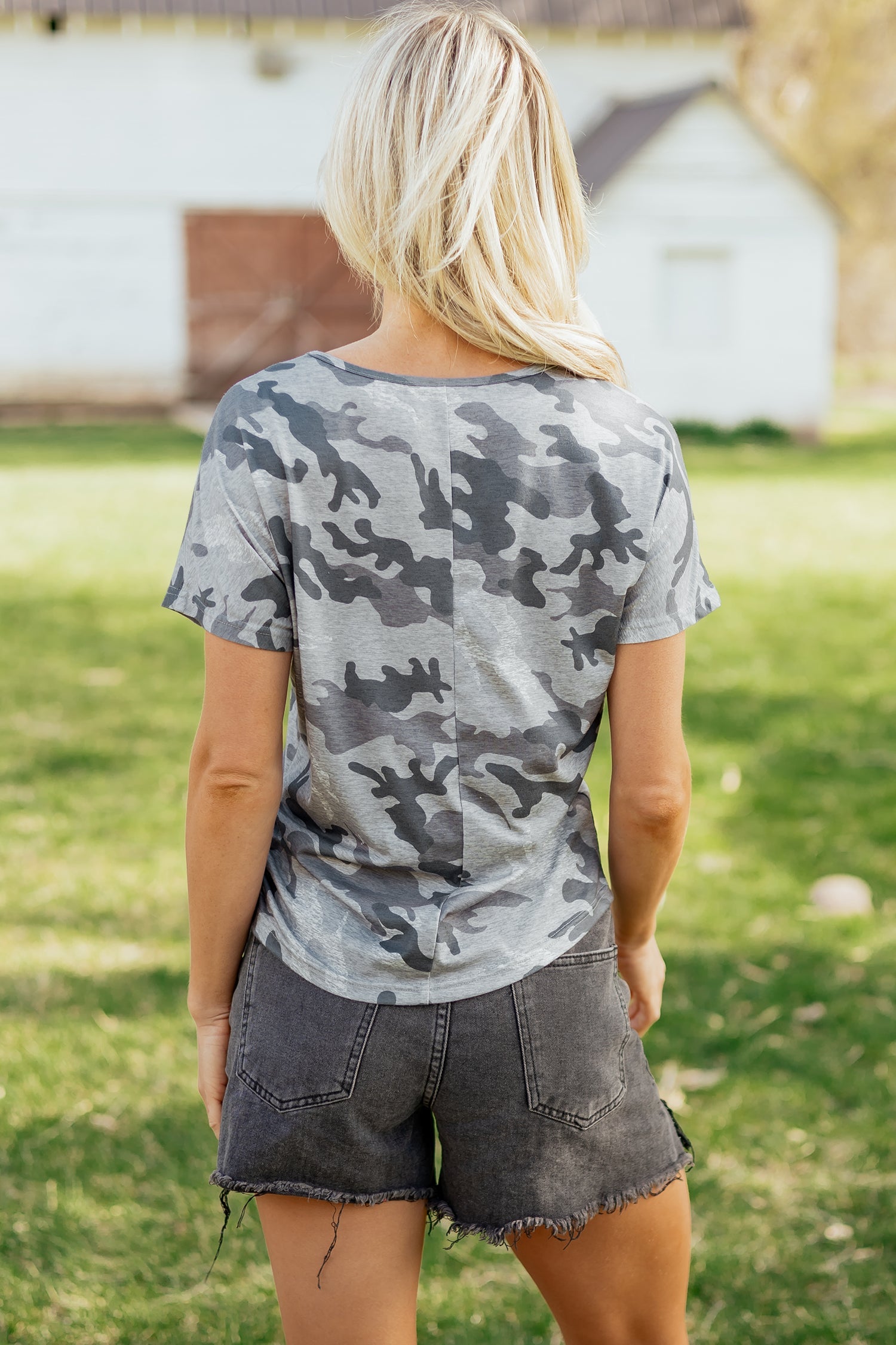 Everyday Print Gray Camouflage Round-Neck T Shirt