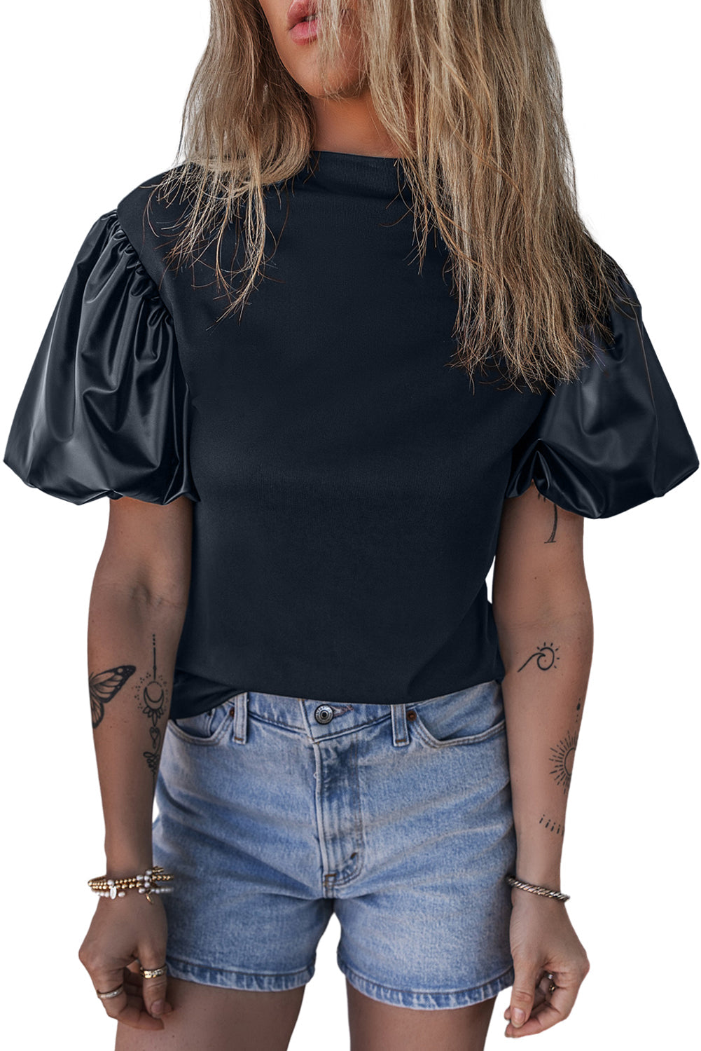 Women's Puff Mock Neck Faux Leather Top
