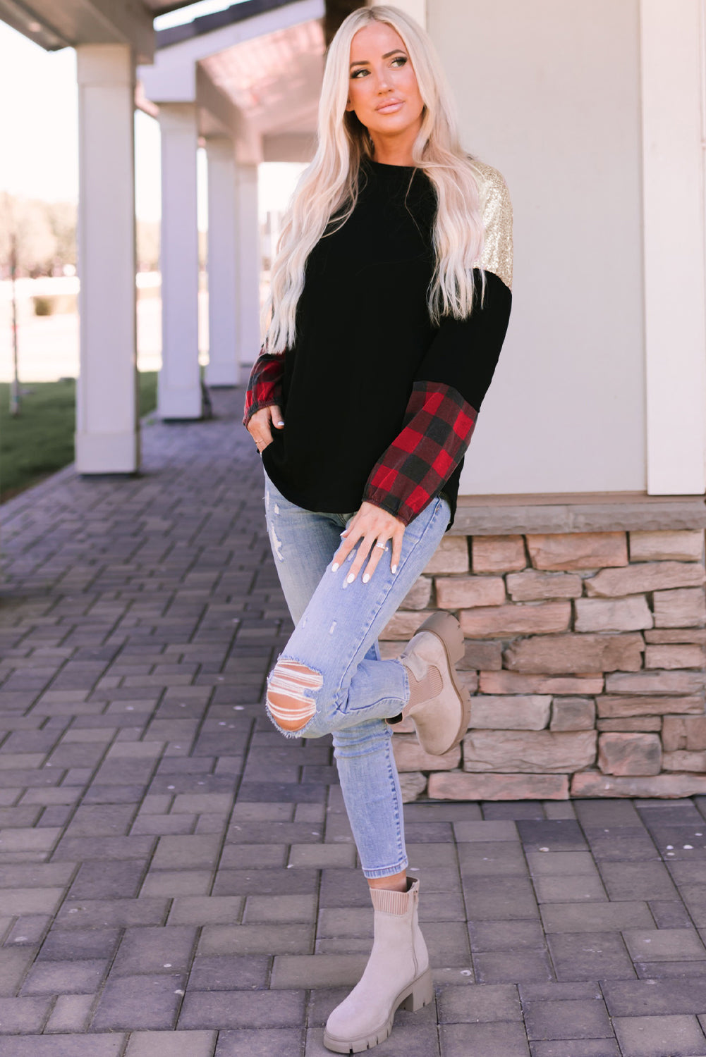 Women's Blouse with Crew Neck Plaid Splicing