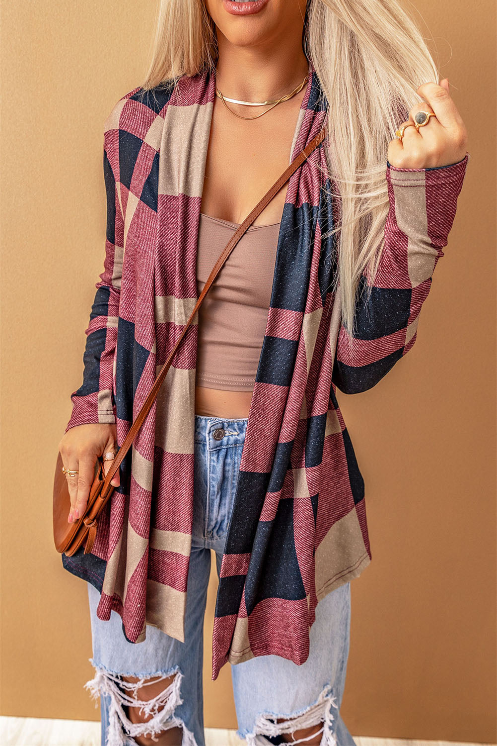 Women's Cardigan with Draped Open Front Plaid