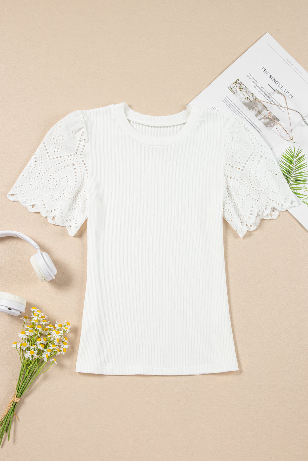 White Eyelet Pattern Short Sleeve Ribbed Top