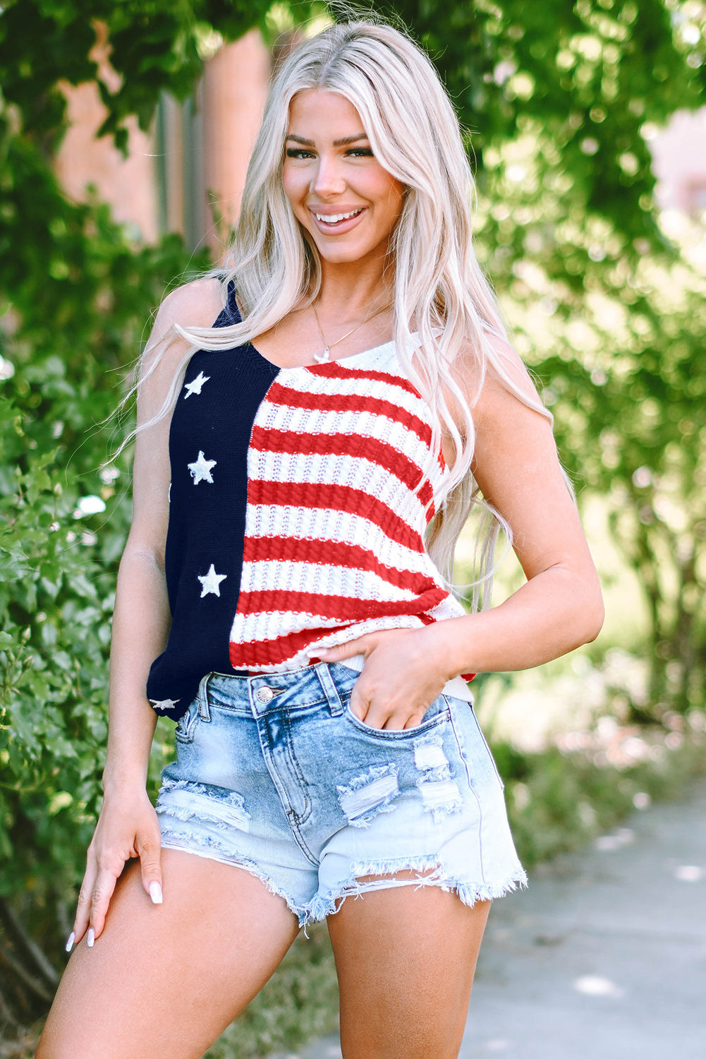 Women's Tank with Stars Stripes Flag Pattern Knitted