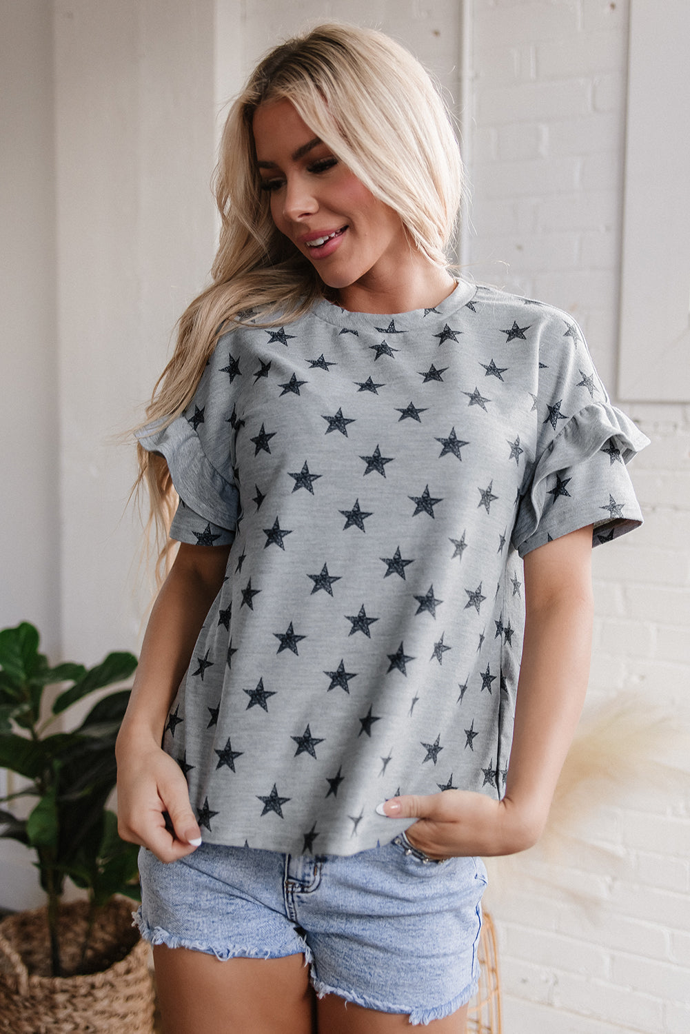 Star Print Tiered Ruffled Sleeve Crew Neck T Shirt