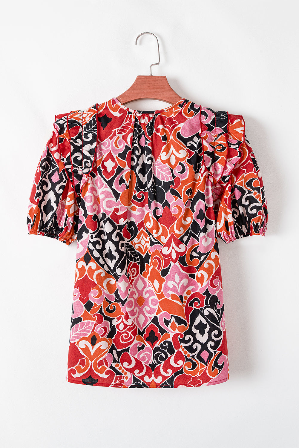 Split Ethnic Print Neck Short Puff Sleeve Blouse