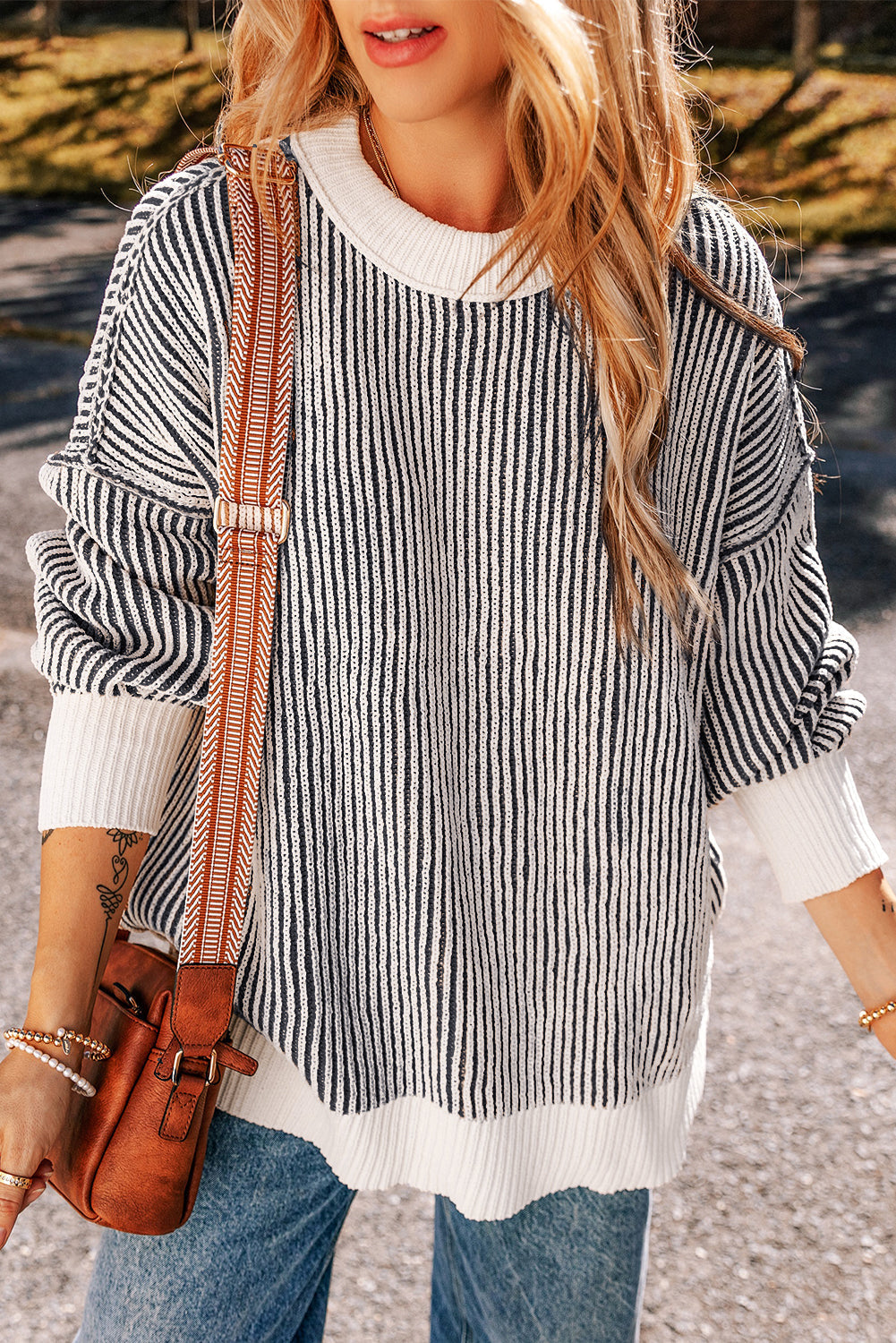 Knit Striped Textured Contrast Edge Loose Knit Top