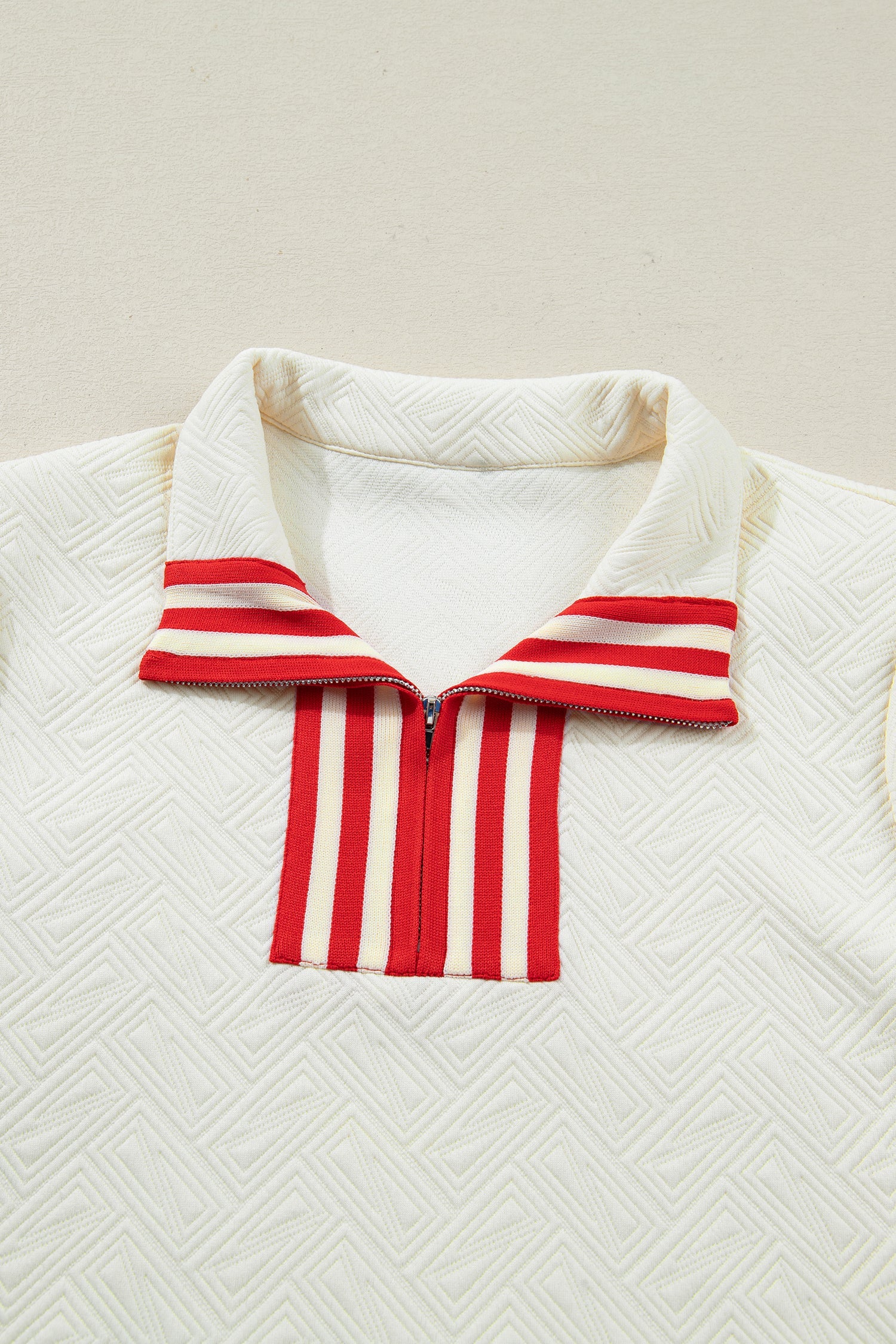 Contrast Textured Knit Striped Accent Zip Collar Pullover Top