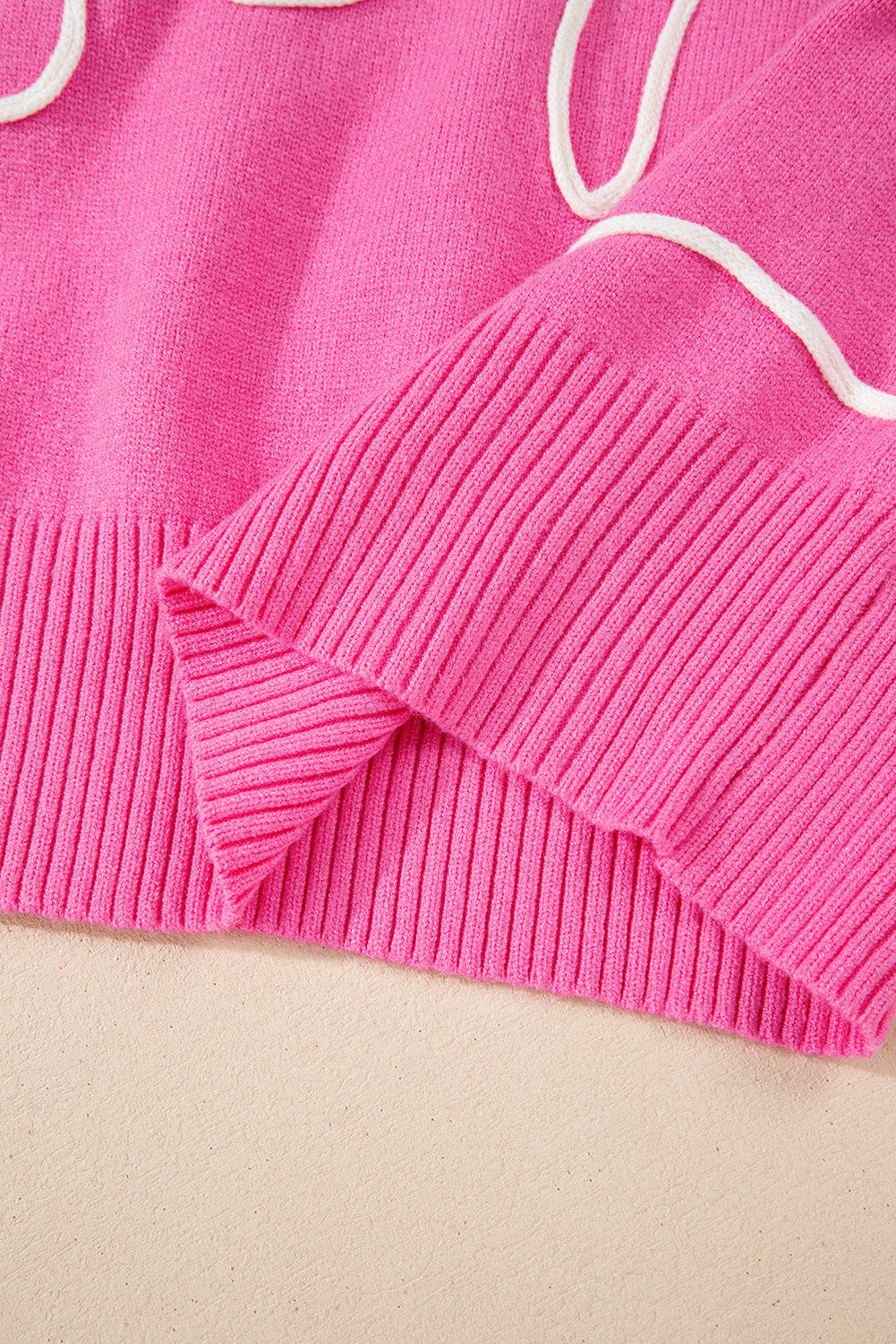 Cute Pink Corded Flower Bow Ribbed Trim Sweater