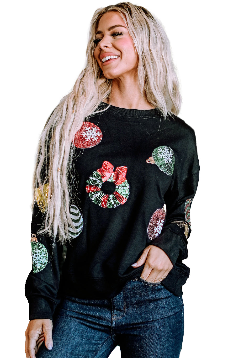 Women's Pullover Sweatshirt Featuring Sequined Christmas Graphic-Print