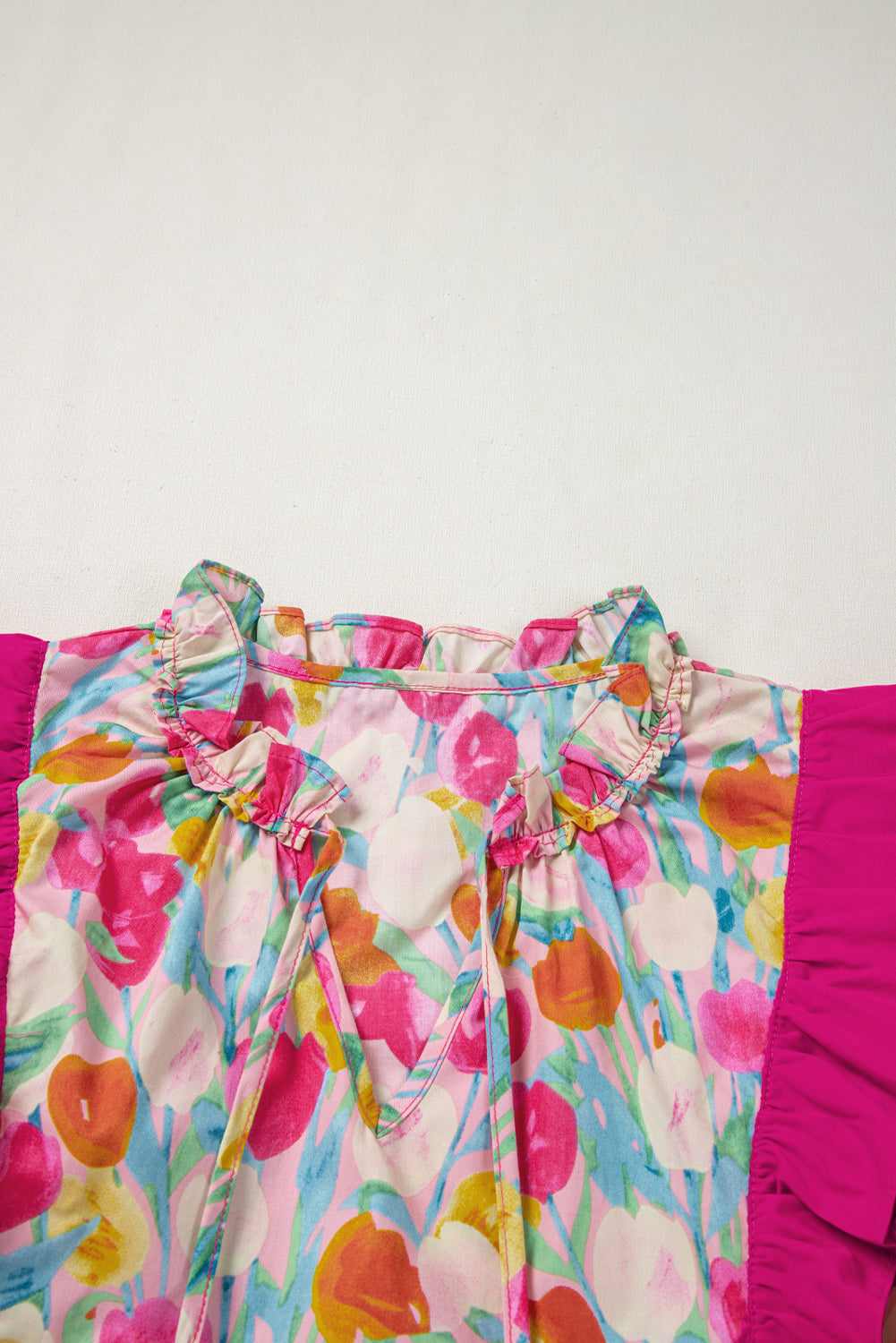 Pink Floral Layered Ruffle Flutter Sleeve Blouse
