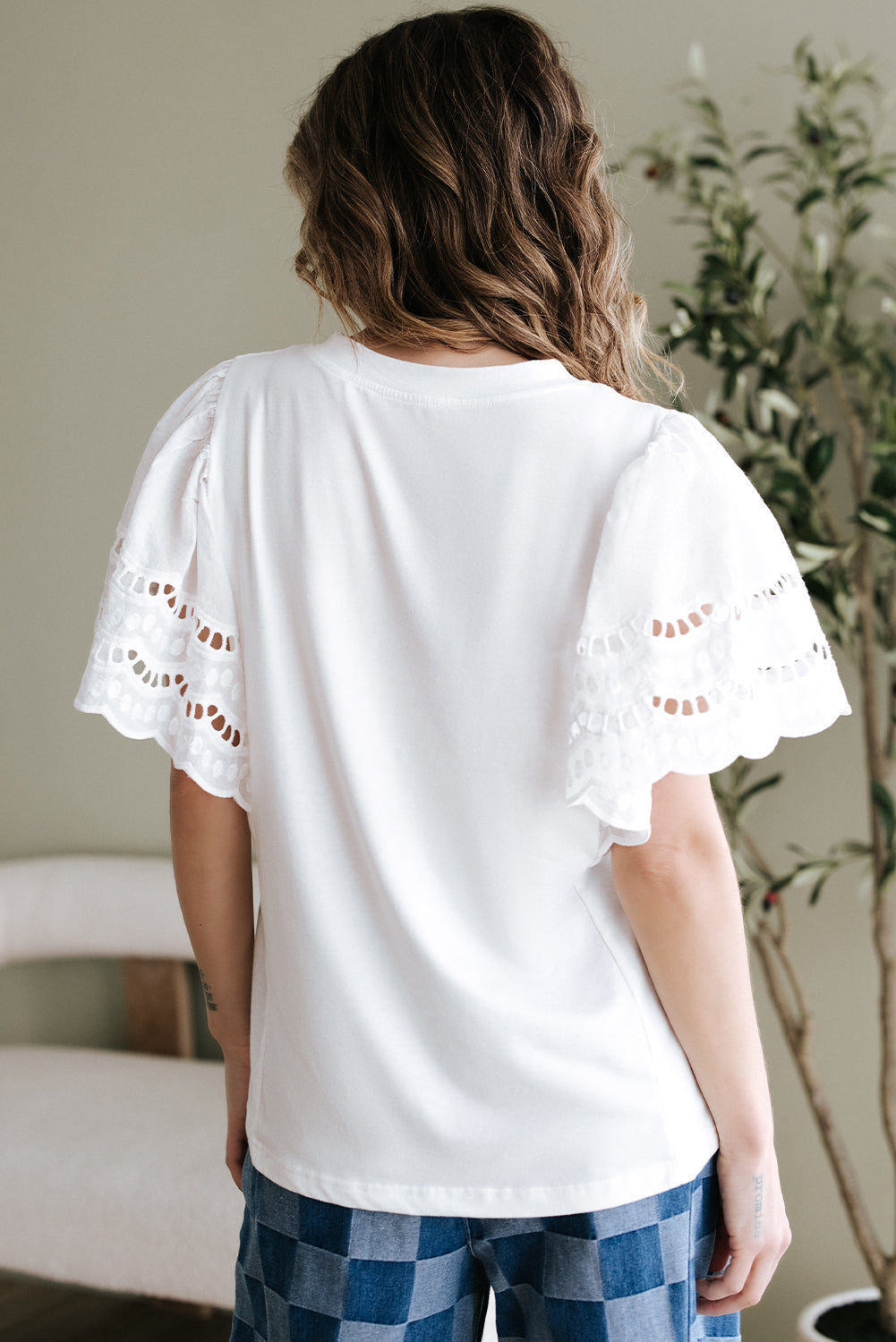 White Hollow Out Embroidered Short Sleeve Top