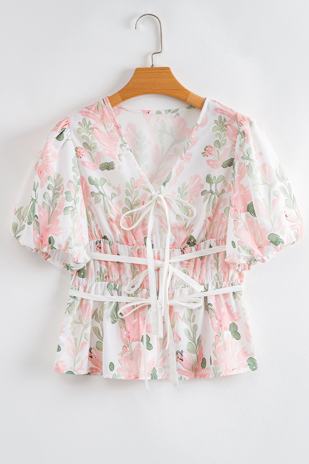 Floral V-Neck Puff Sleeve Tied Front Peplum Blouse